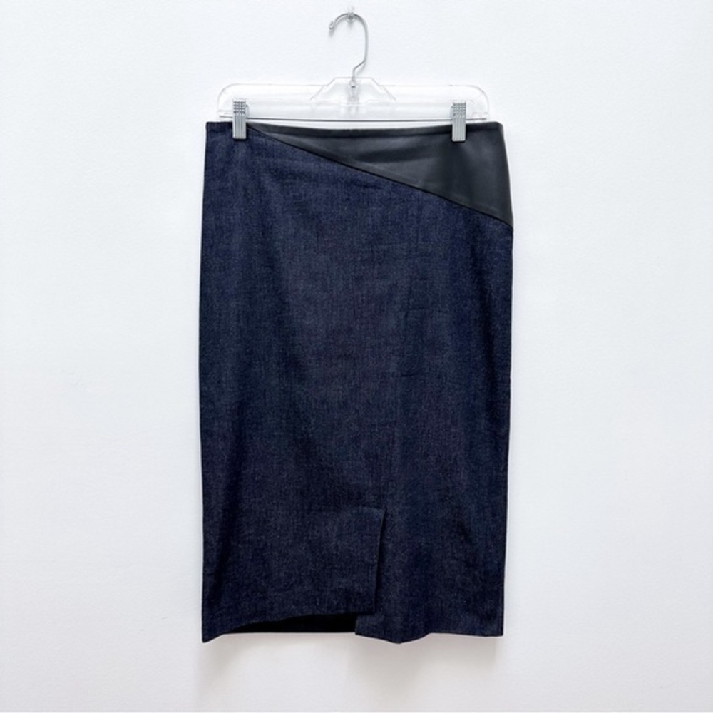 Etienne Aigner Denim and Leather Pencil Skirt